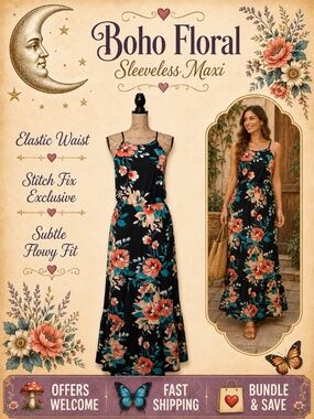 French Grey Boho Floral Maxi Dress Sleeveless Stitch Fix Size Medium